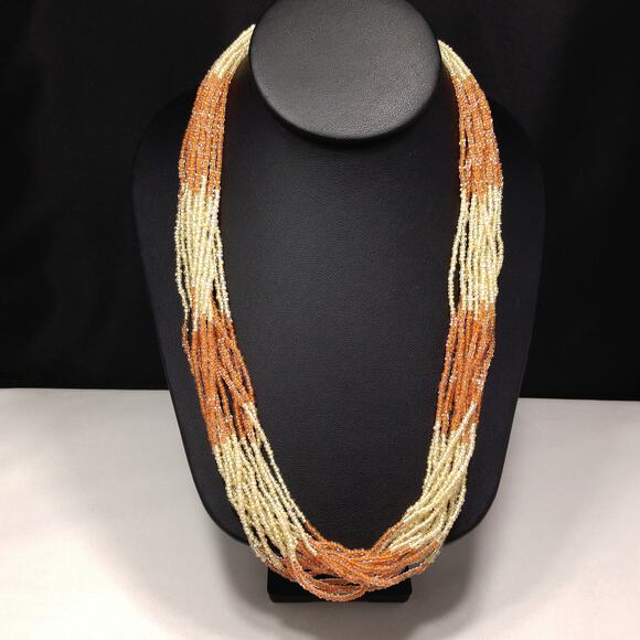 Japan 1950s Multi Strand Glass Seed Bead Necklace Beige Rust Vintage - Picture 6 of 10